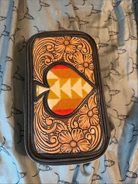 Tooled Floral Leather Jewelry Case with Southwestern Spade Panel